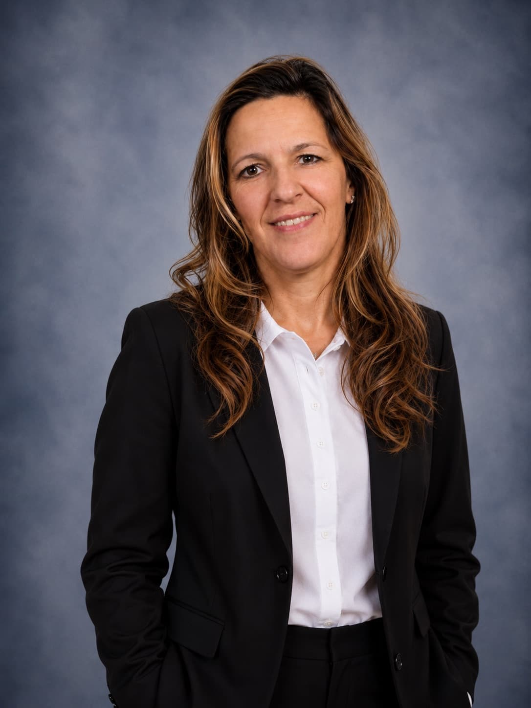 Nicole Lamer, cheveux longs châtain clair, souriante, en veston noir sur chemise blanche, devant un fond gris.
